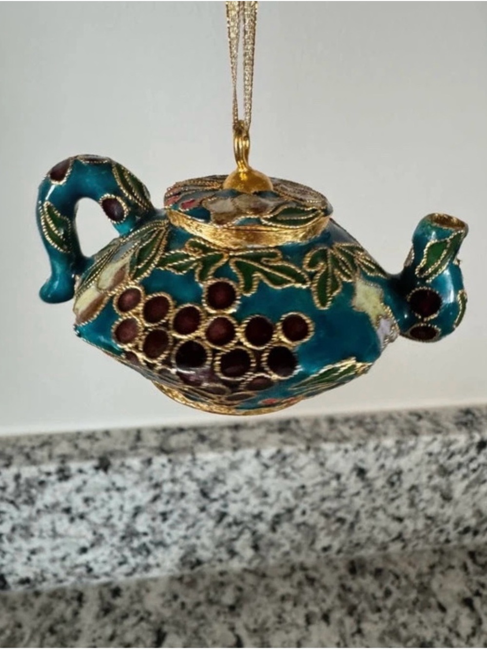 VTG Cloisonné Teapot Christmas Ornament Teal Fruit Grapes Cherries Mini 3"